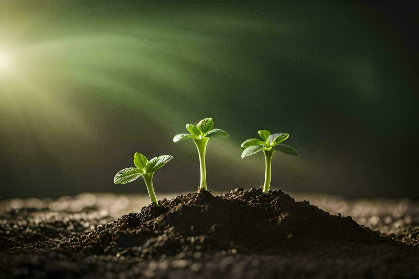 three young plants growing out of dirt. AI-Generated photo