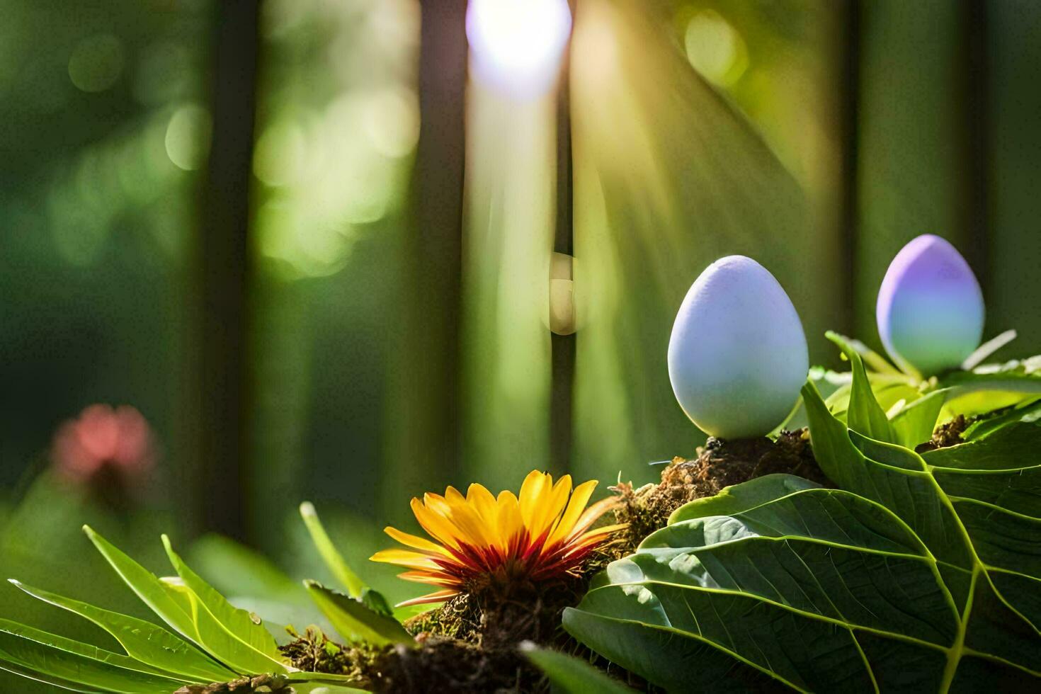 two eggs are sitting on a leaf in the sun. AI-Generated photo