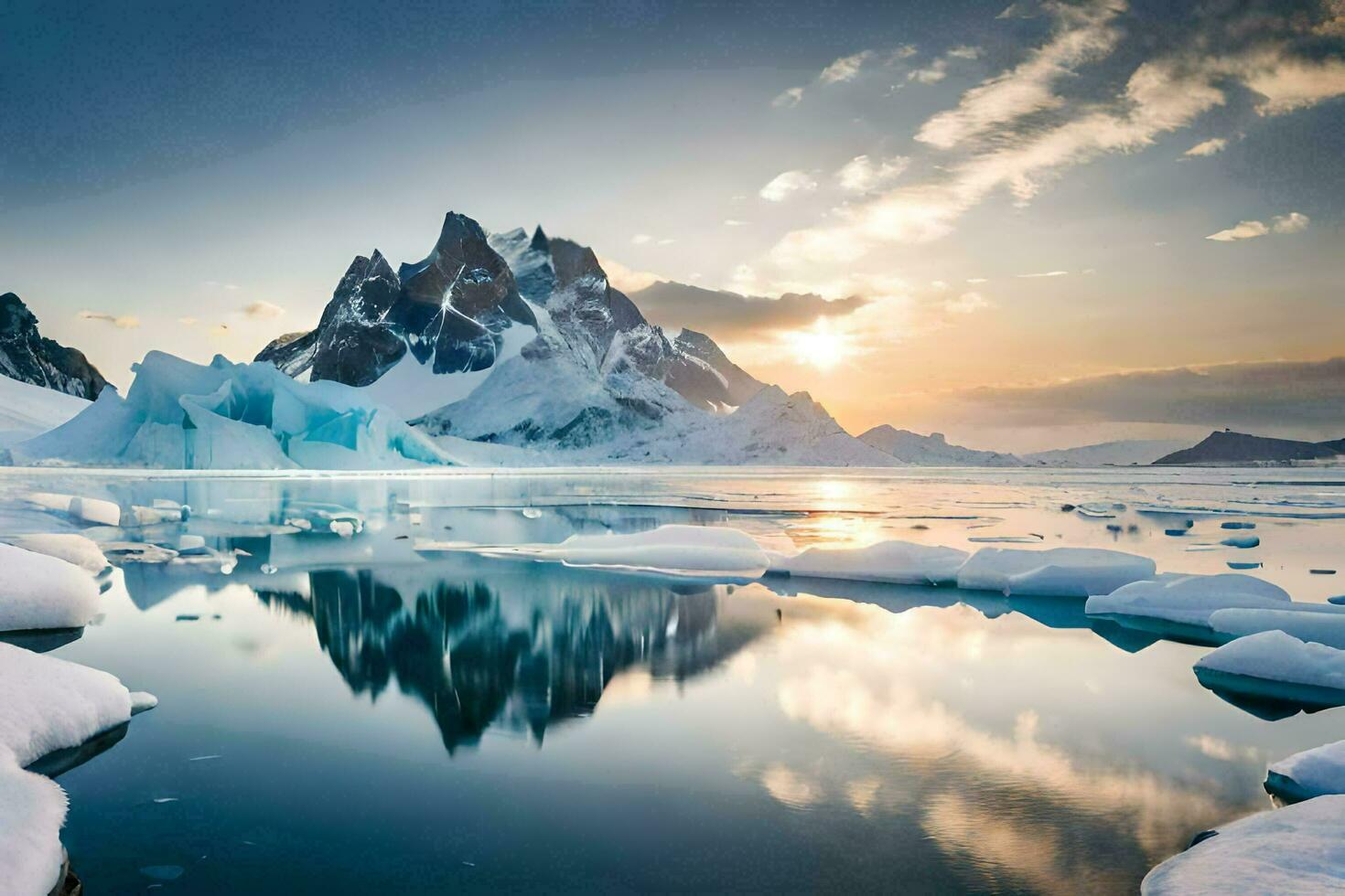 the sun sets over a frozen lake with icebergs. AI-Generated photo