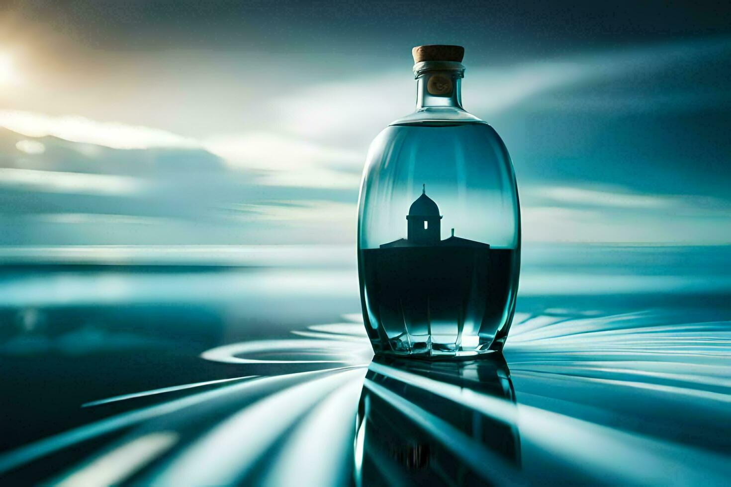 a bottle of water with a church in the middle. AI-Generated photo