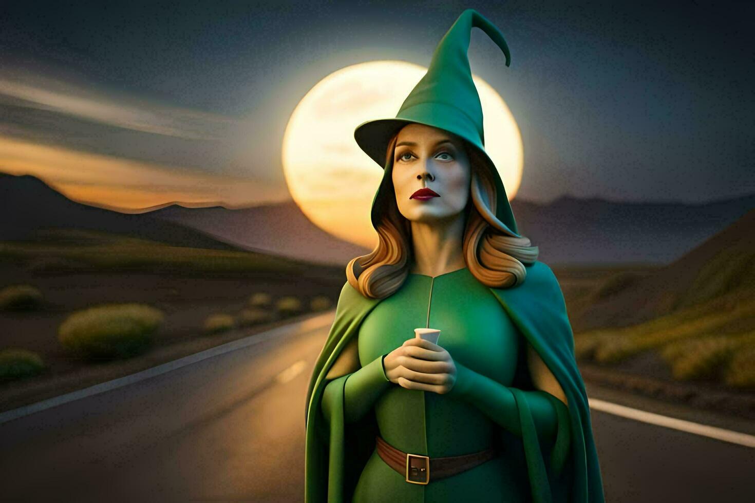 a woman in a green hat and cloak standing on a road. AI-Generated photo