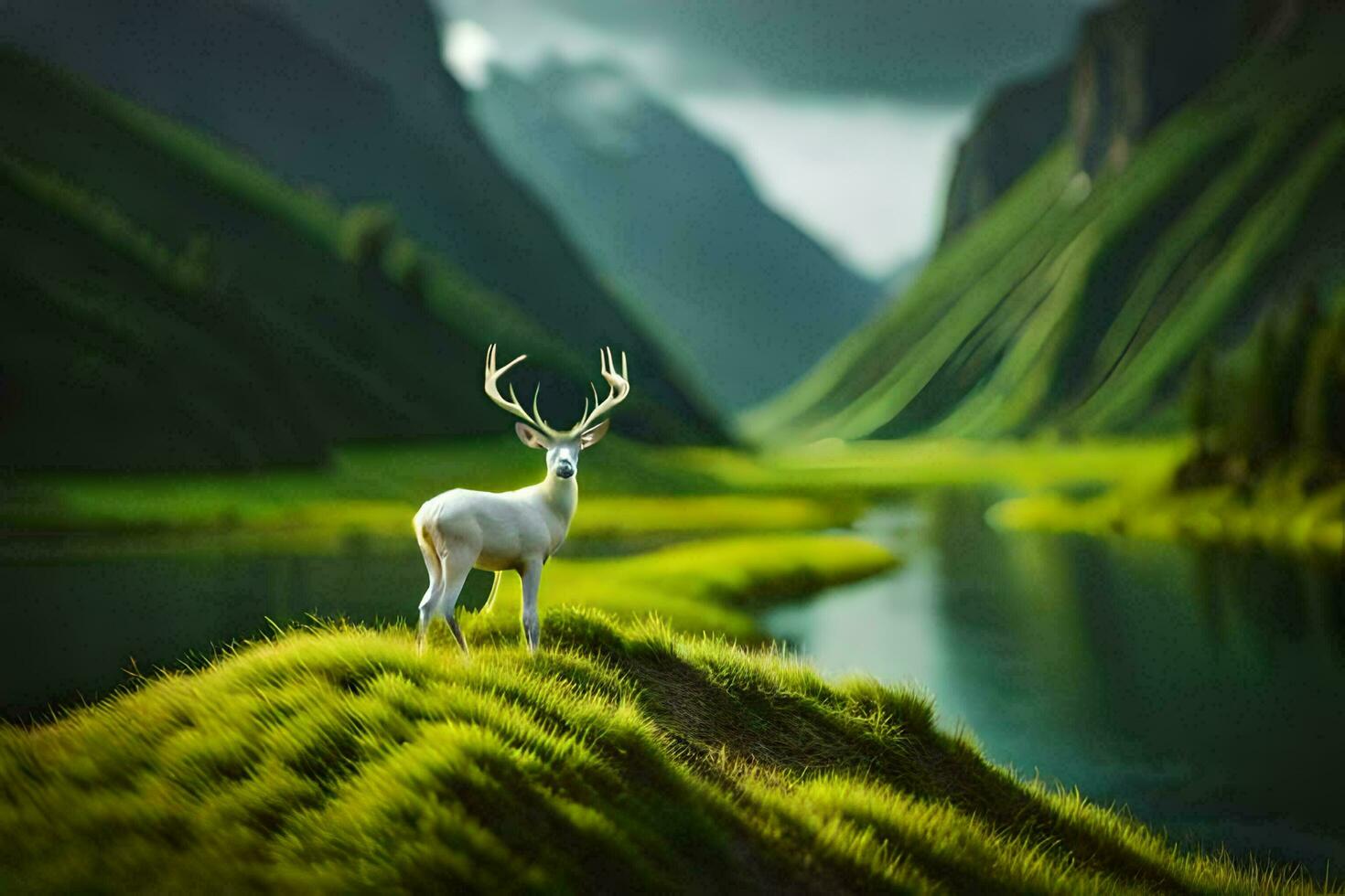 a white deer stands on a green hill overlooking a river. AI-Generated photo