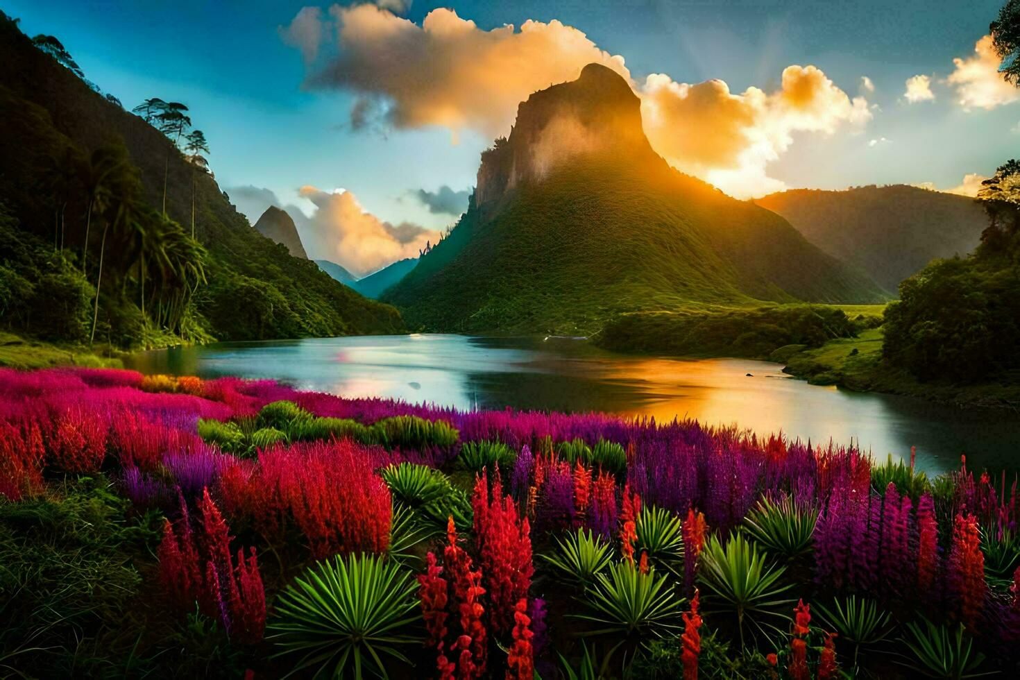 el Dom sube terminado el montañas y el flores floración en el valle. generado por ai foto