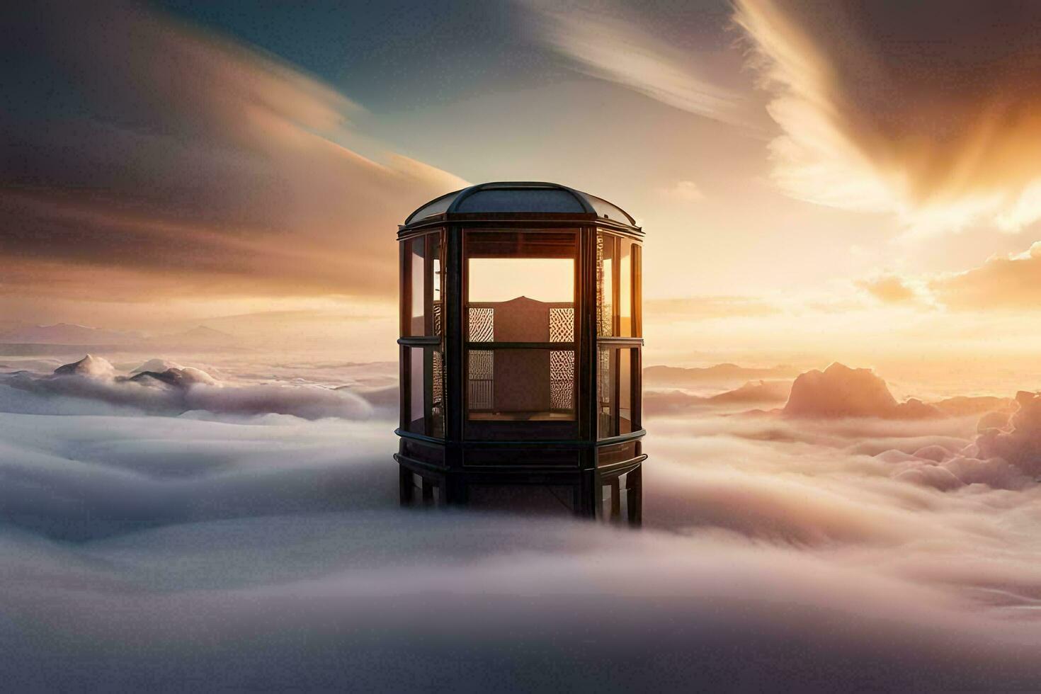 a tower in the clouds with a sunset behind it. AI-Generated photo