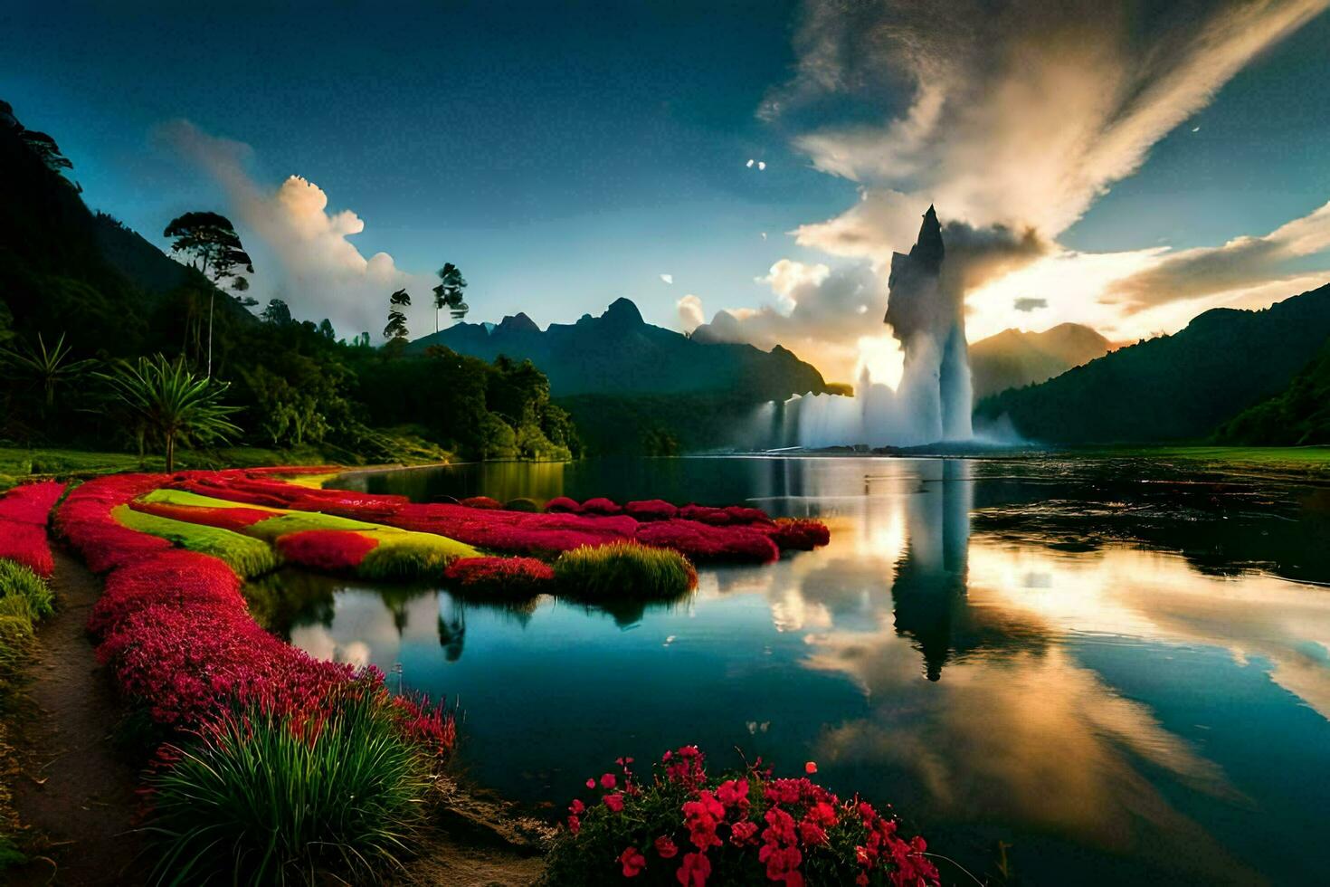 the sun rises over a lake with colorful flowers and a waterfall. AI-Generated photo