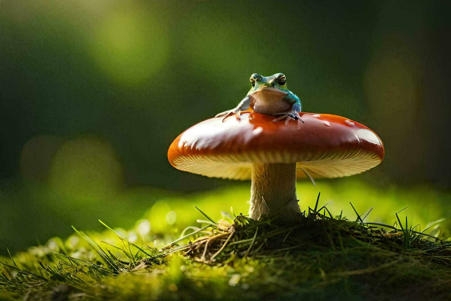 a frog sits on top of a red mushroom. AI-Generated photo