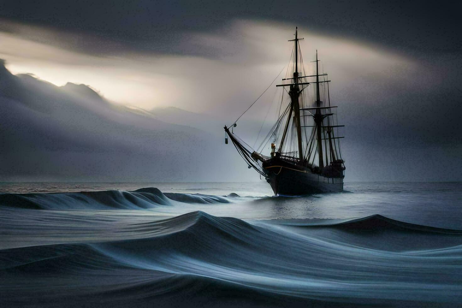 a sailing ship in the ocean under a dark sky. AI-Generated photo