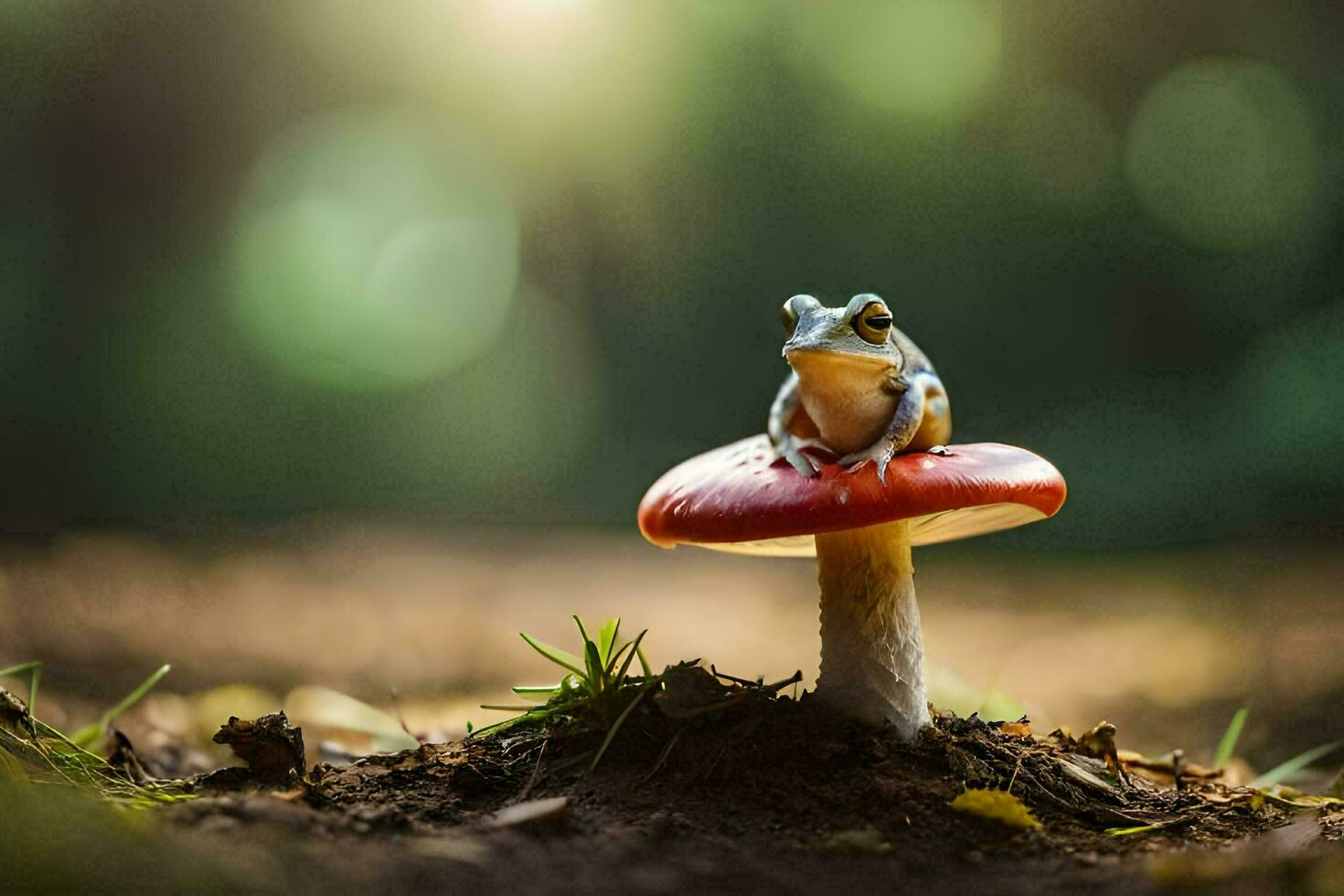 a frog sits on top of a red mushroom. AI-Generated photo