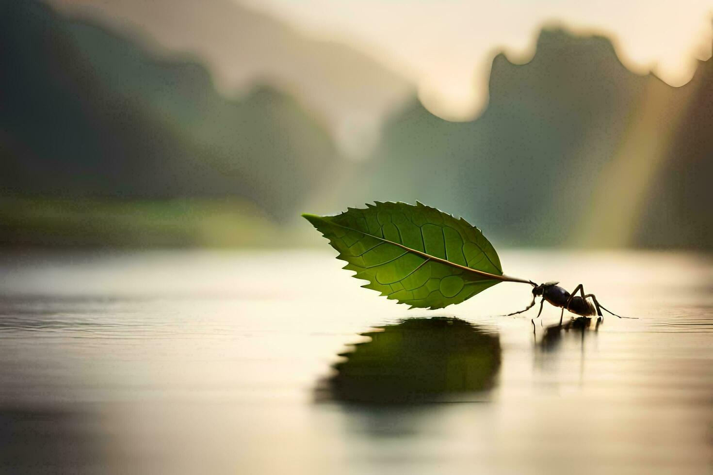 a leaf on the water with an ant on it. AI-Generated photo
