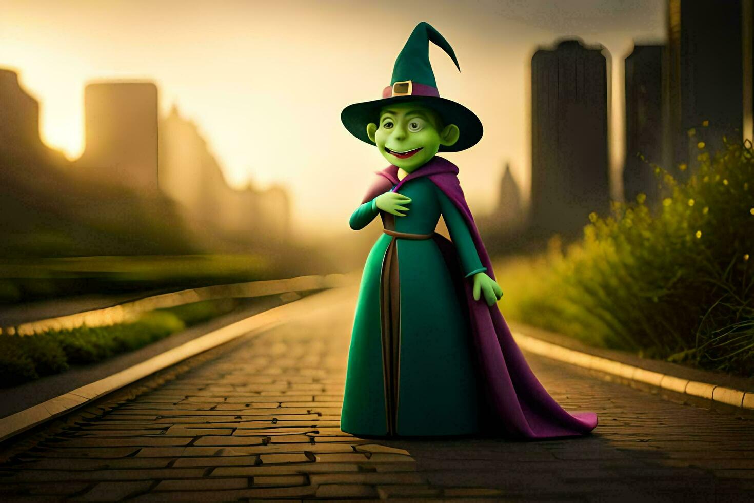 un dibujos animados bruja en un púrpura vestir y verde sombrero. generado por ai foto