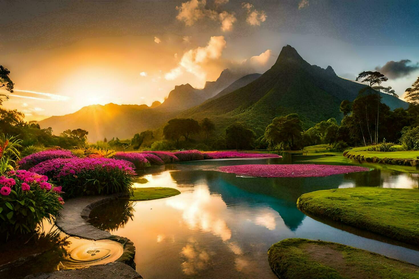 the sun rises over the mountains in the background. AI-Generated photo