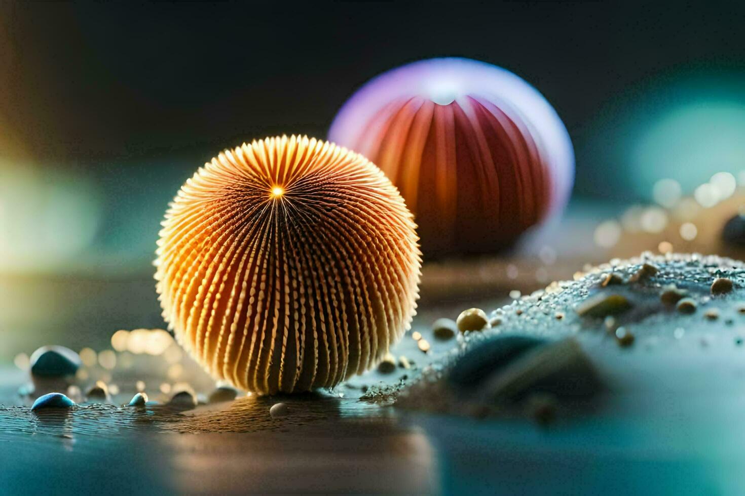 two colorful balls sitting on a table. AI-Generated photo
