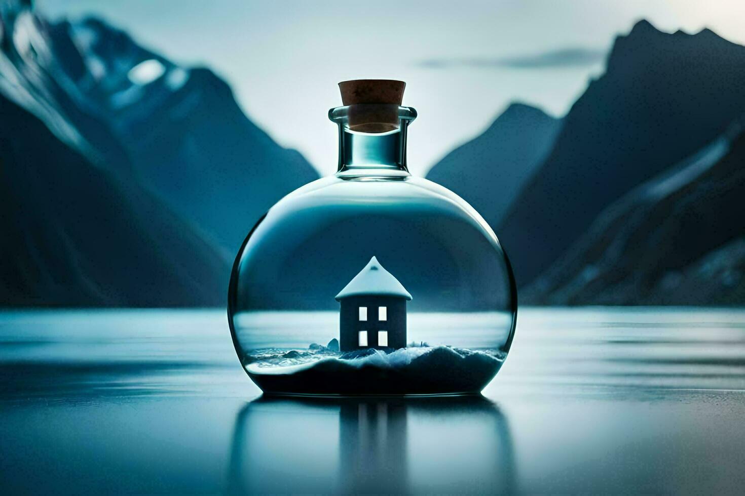 house in a bottle, mountains, water, landscape, hd wallpaper. AI-Generated photo