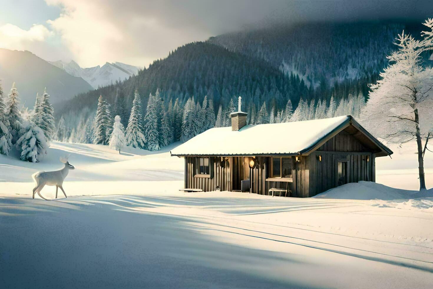 a deer stands in front of a cabin in the snow. AI-Generated photo
