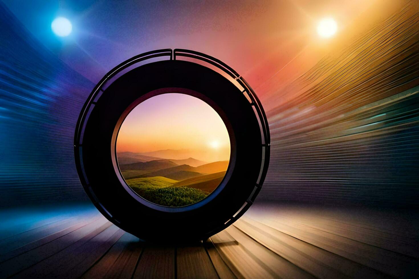 a circular window with a view of the sunset. AI-Generated photo