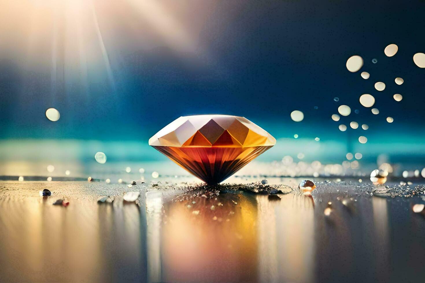 a diamond is sitting on a table with water droplets. AI-Generated photo