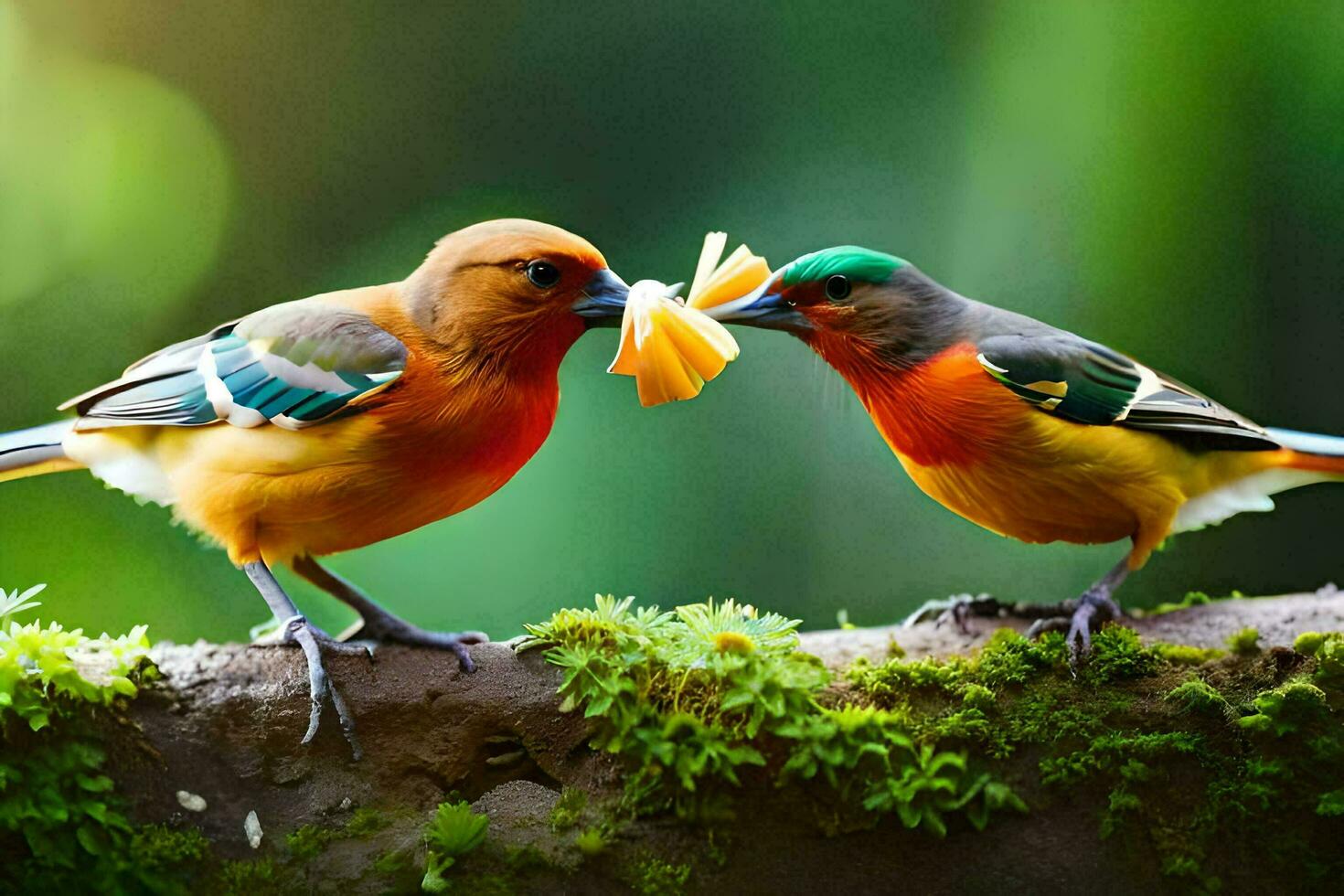 two colorful birds are standing on a branch. AI-Generated photo