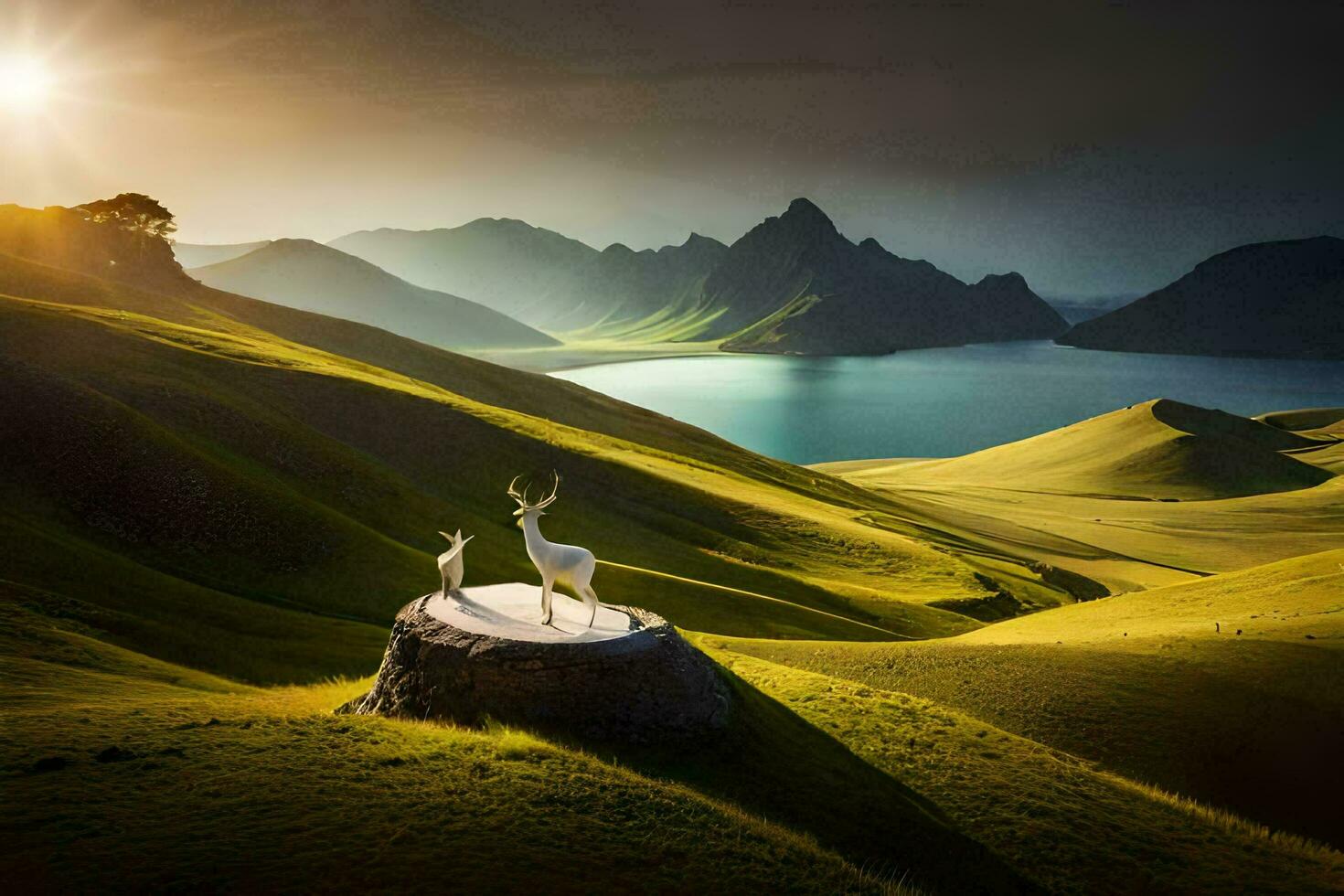two deer stand on a hill overlooking a lake and mountains. AI-Generated photo