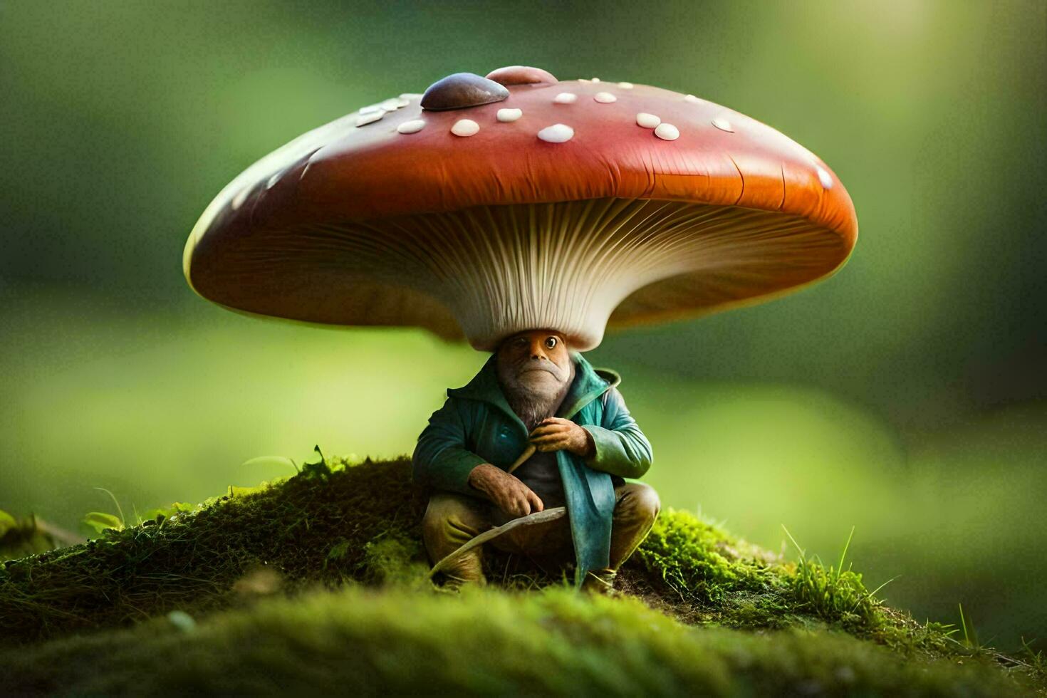 a miniature man sits on top of a mushroom. AI-Generated photo