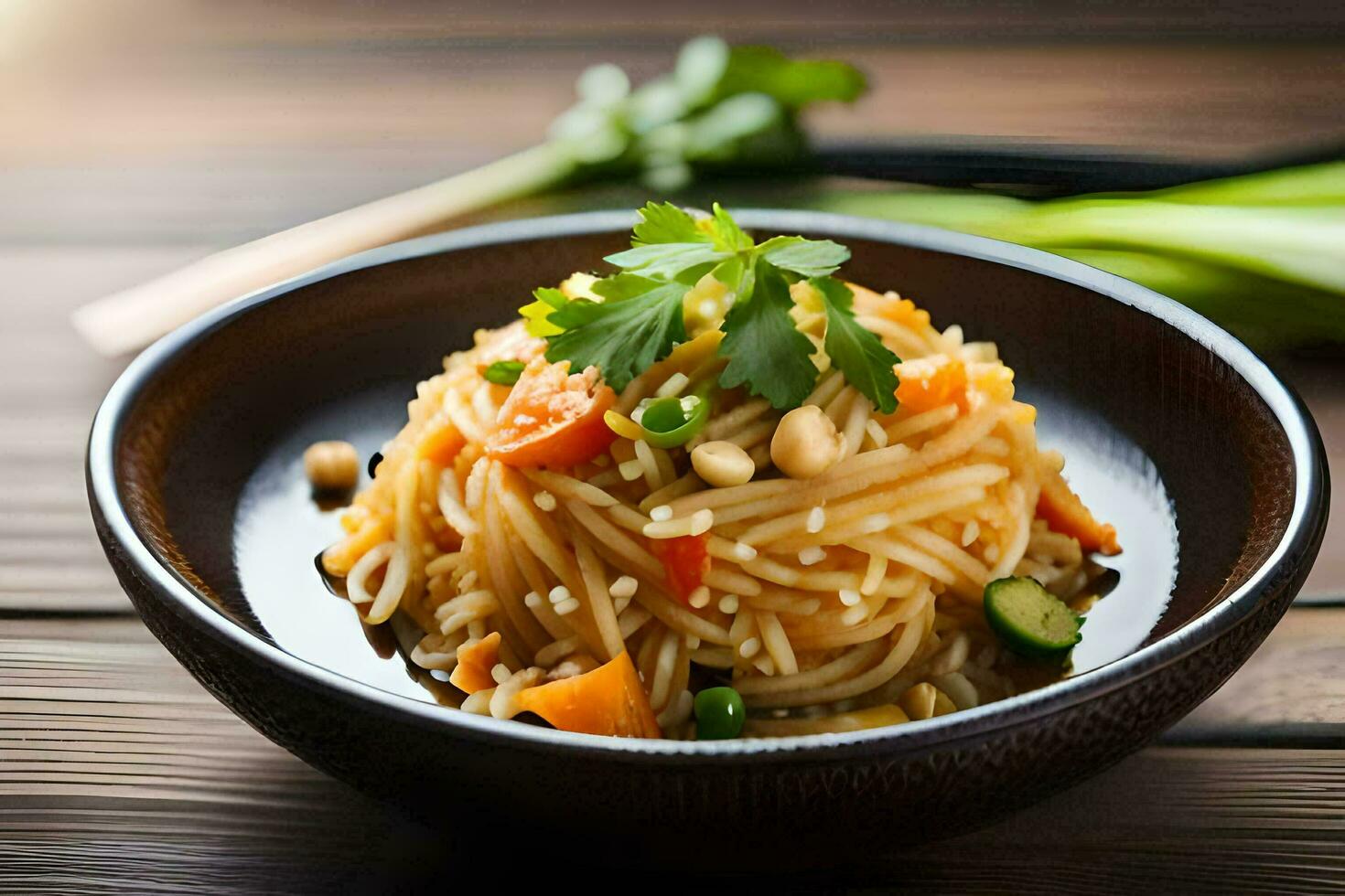 a bowl of noodles with vegetables and herbs. AI-Generated photo