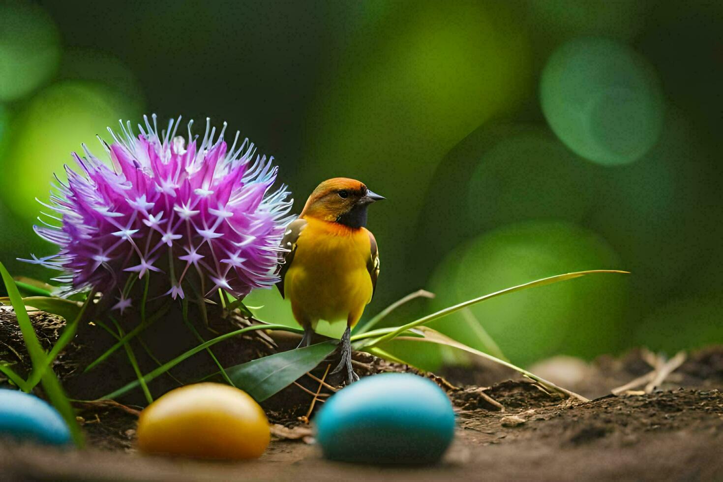 a bird sits on a flower and eggs in the dirt. AI-Generated photo