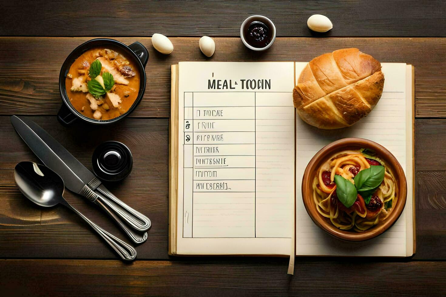 un comida planificador con un cuaderno y un cuenco de pasta. generado por ai foto