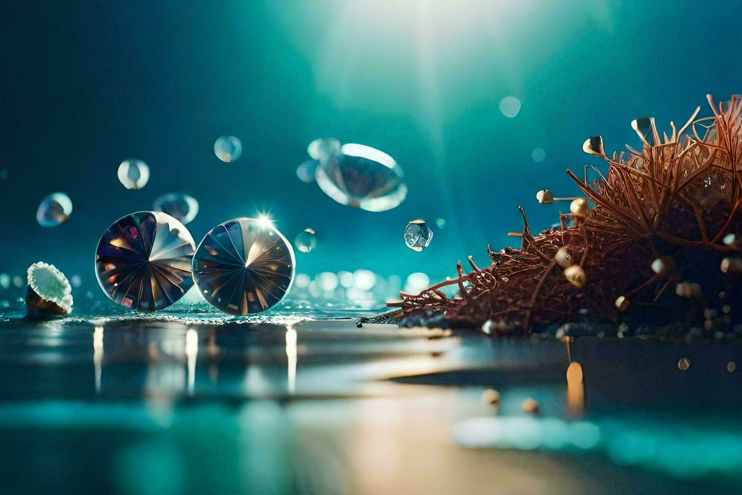 a close up of some small diamonds floating in water. AI-Generated photo