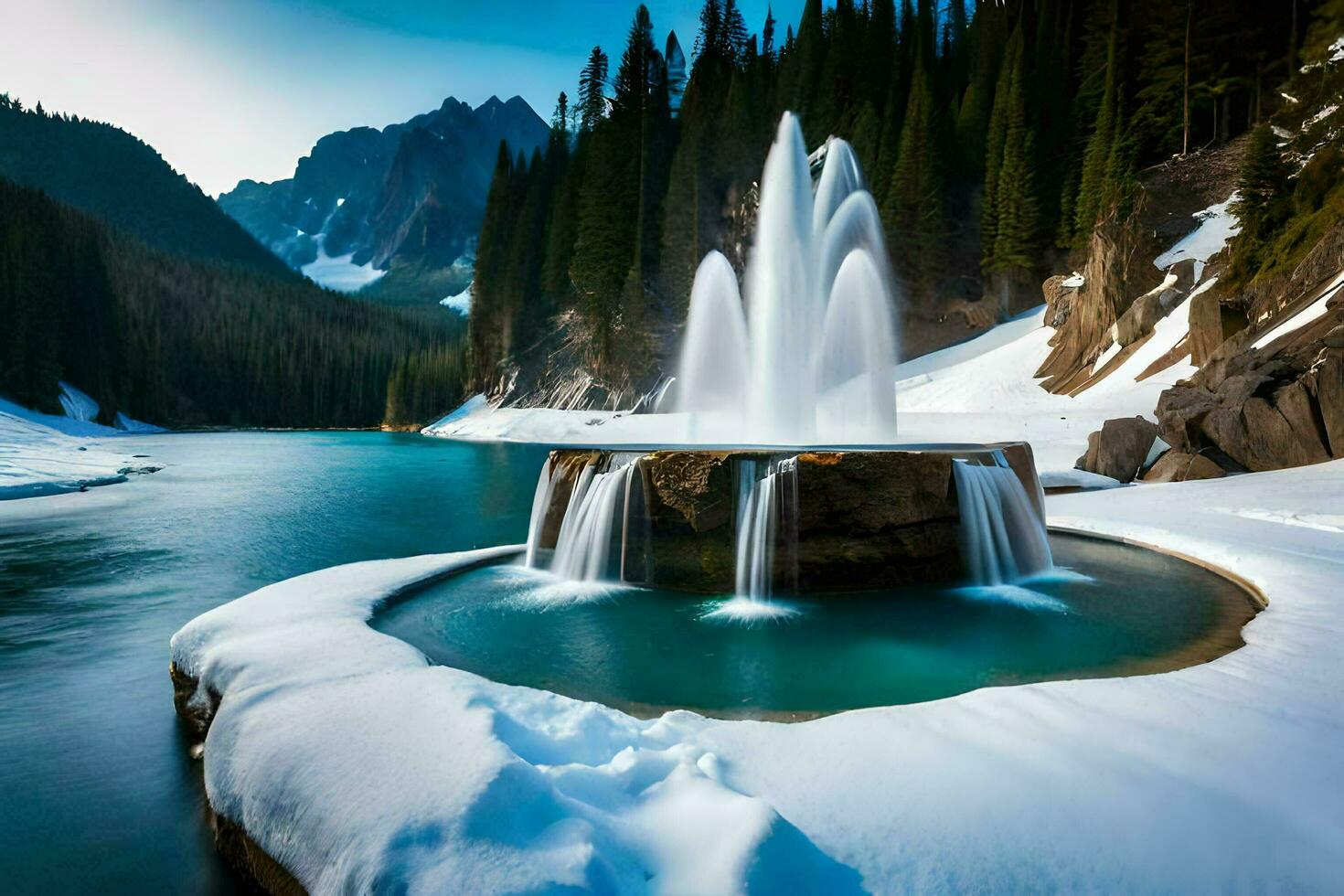 a fountain in the snow with trees and mountains. AI-Generated photo