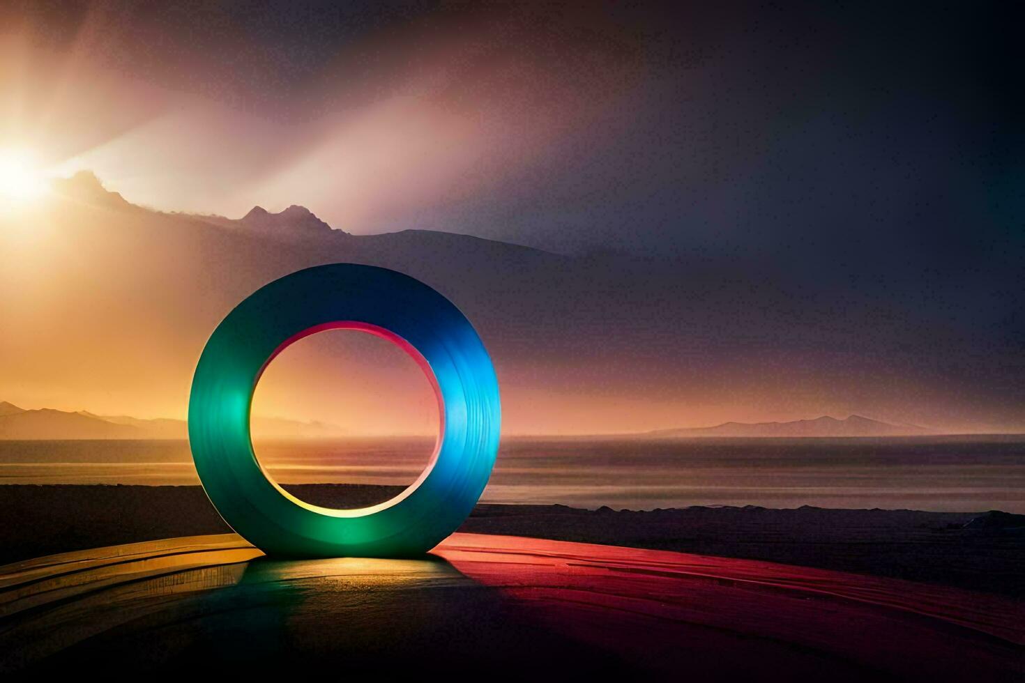 a colorful ring sits on the beach at sunset. AI-Generated photo