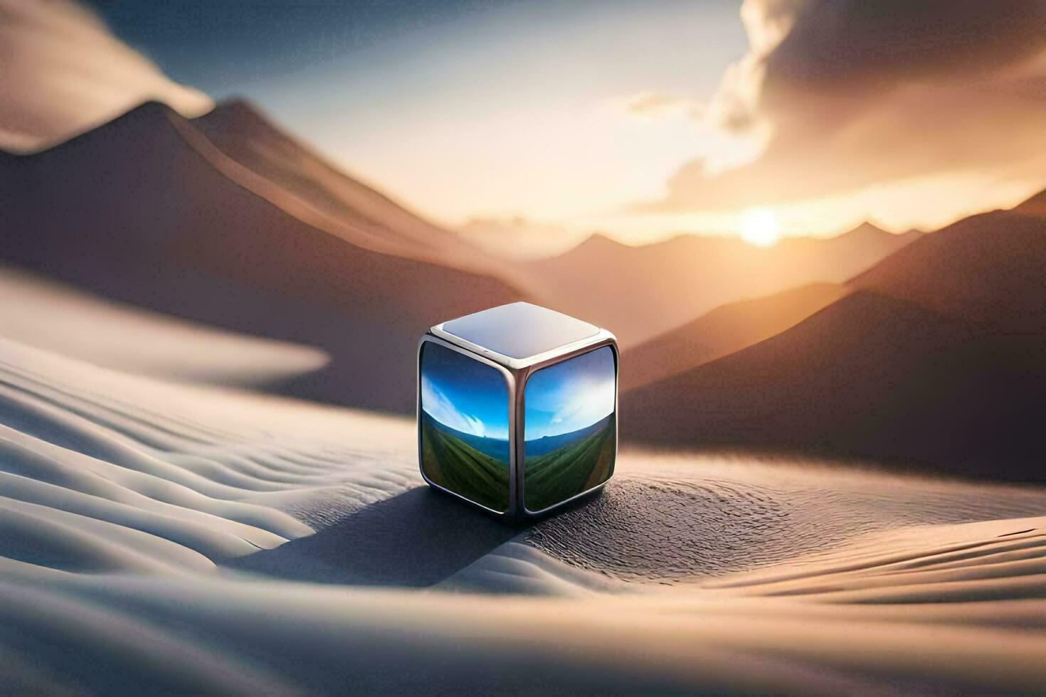 a cube sitting on top of a mountain with a sunset in the background. AI-Generated photo