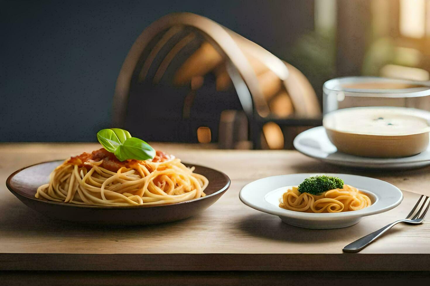 spaghetti and tomato sauce on a wooden table. AI-Generated photo