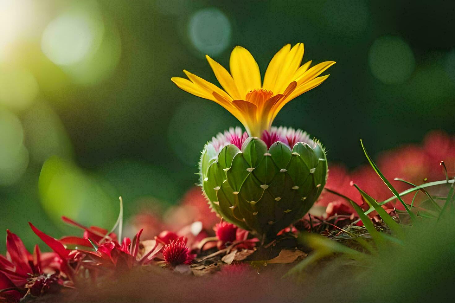 a cactus flower is growing out of a green plant. AI-Generated photo