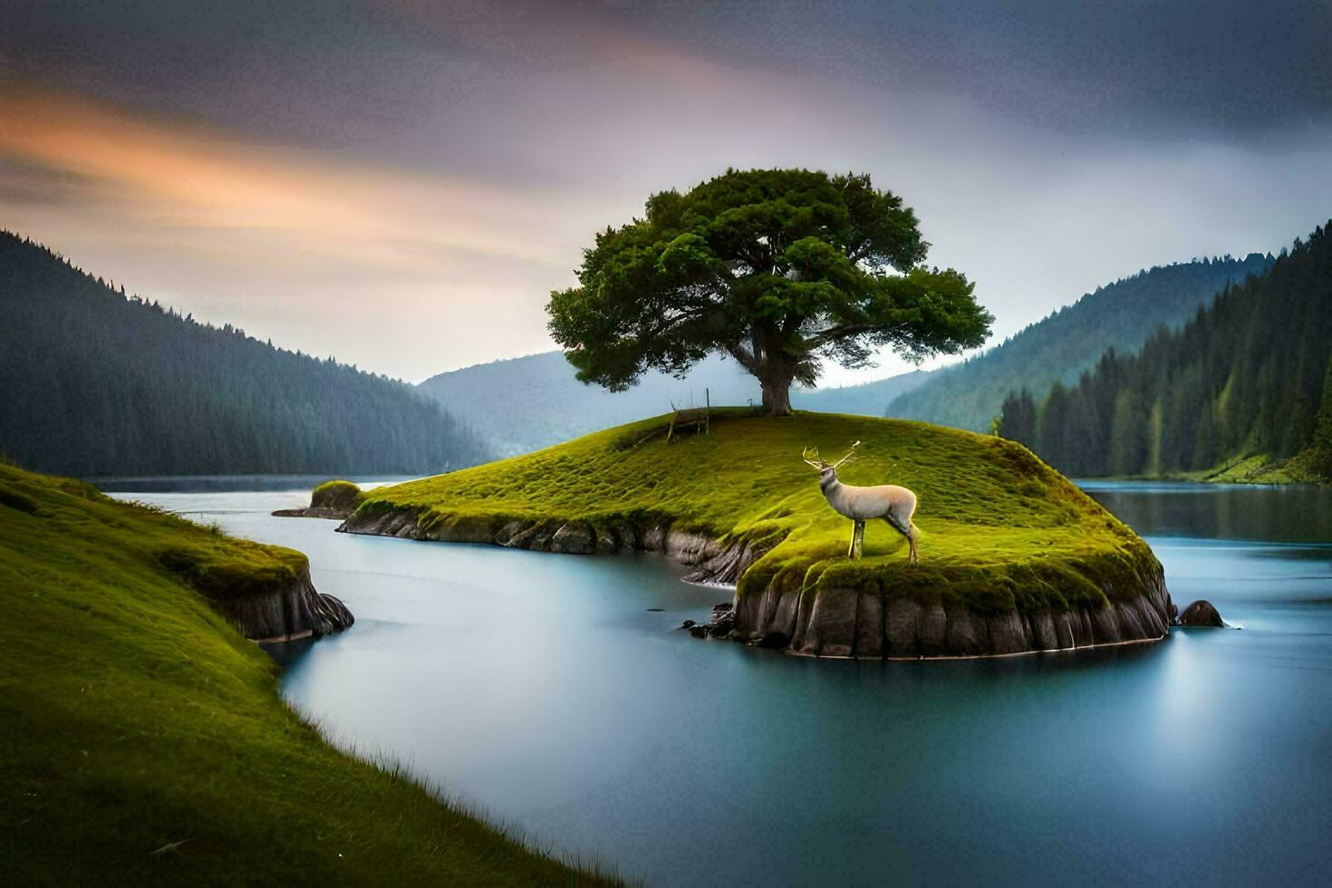 a deer stands on a small island in the middle of a lake. AI-Generated photo