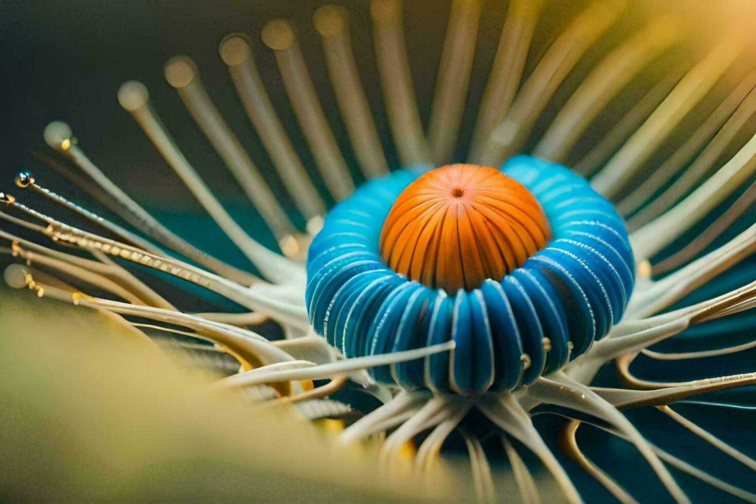 a close up of a blue and orange flower. AI-Generated photo