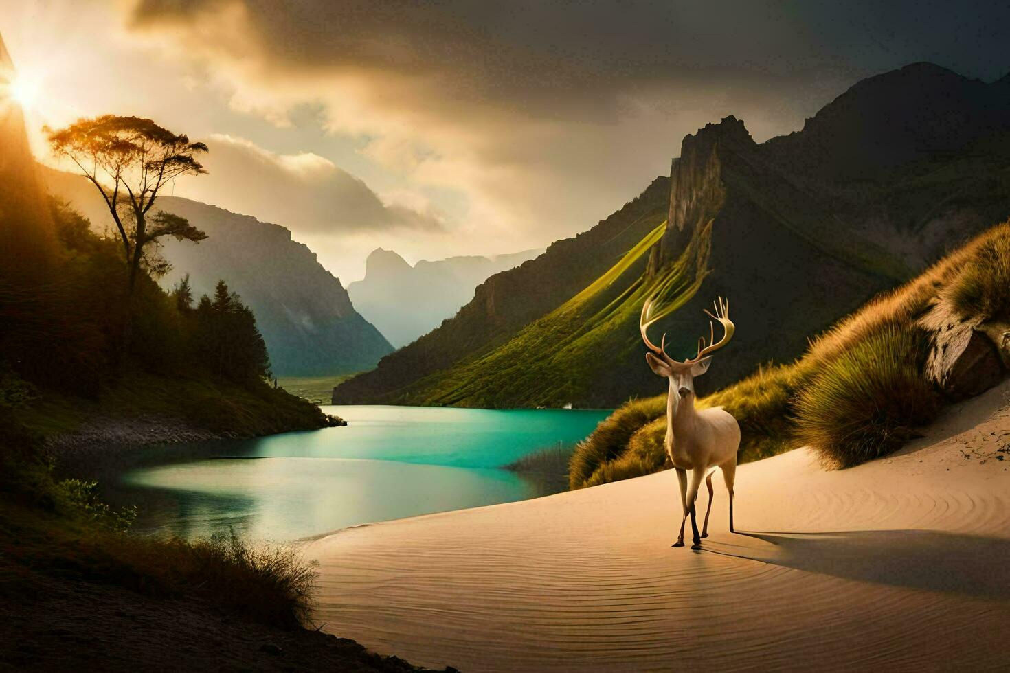 a deer stands on the sand near a lake. AI-Generated photo