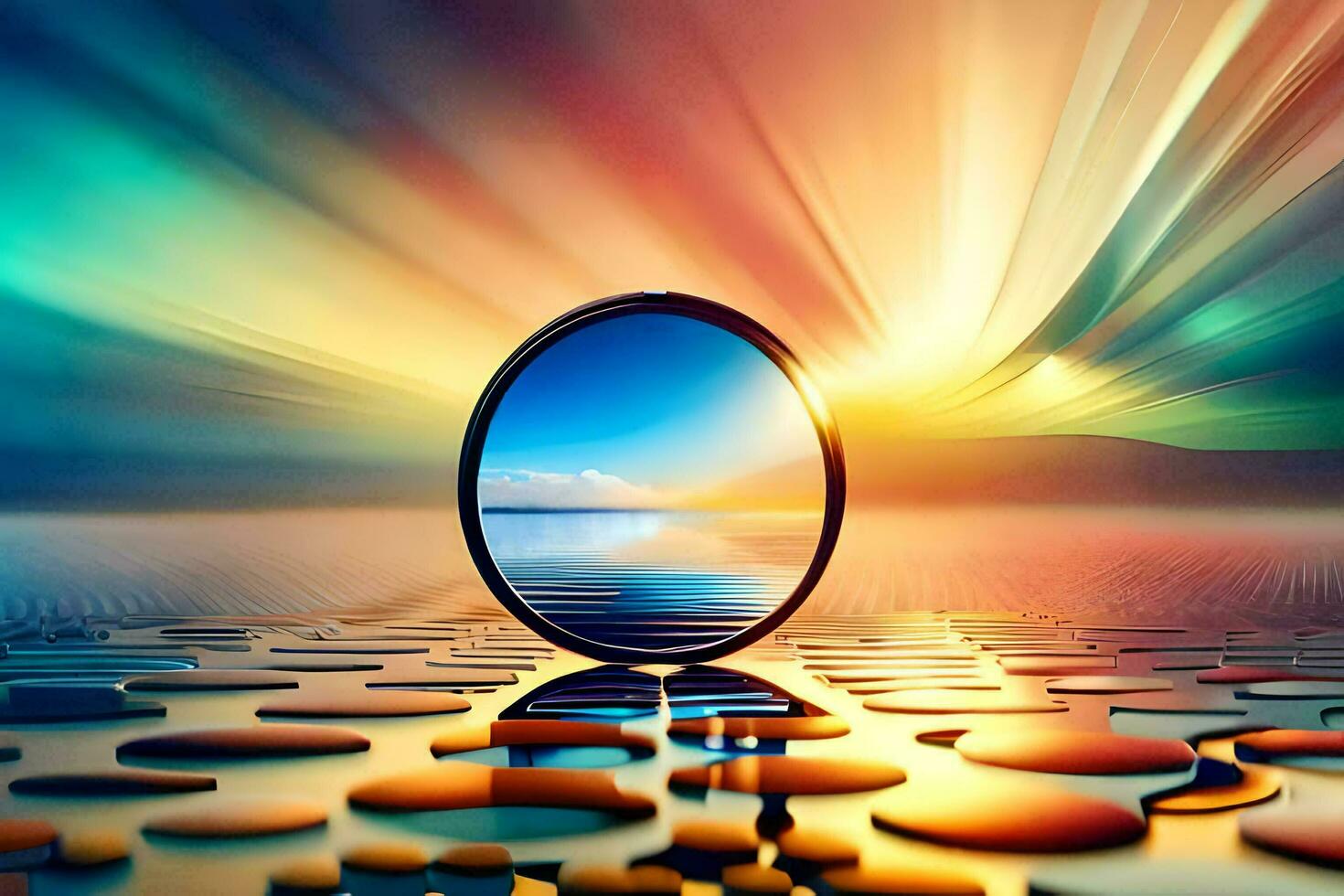 a circular mirror with a colorful sky and water. AI-Generated photo