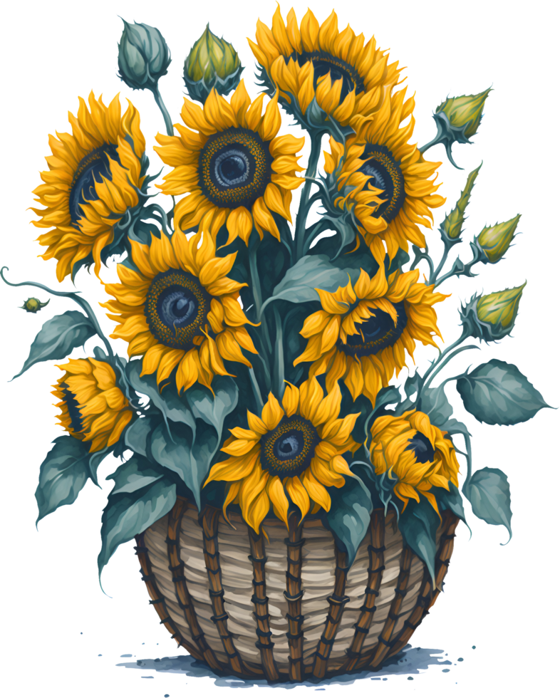 A painting of a bouquet of sunflowers in a basket. AI-Generated. png