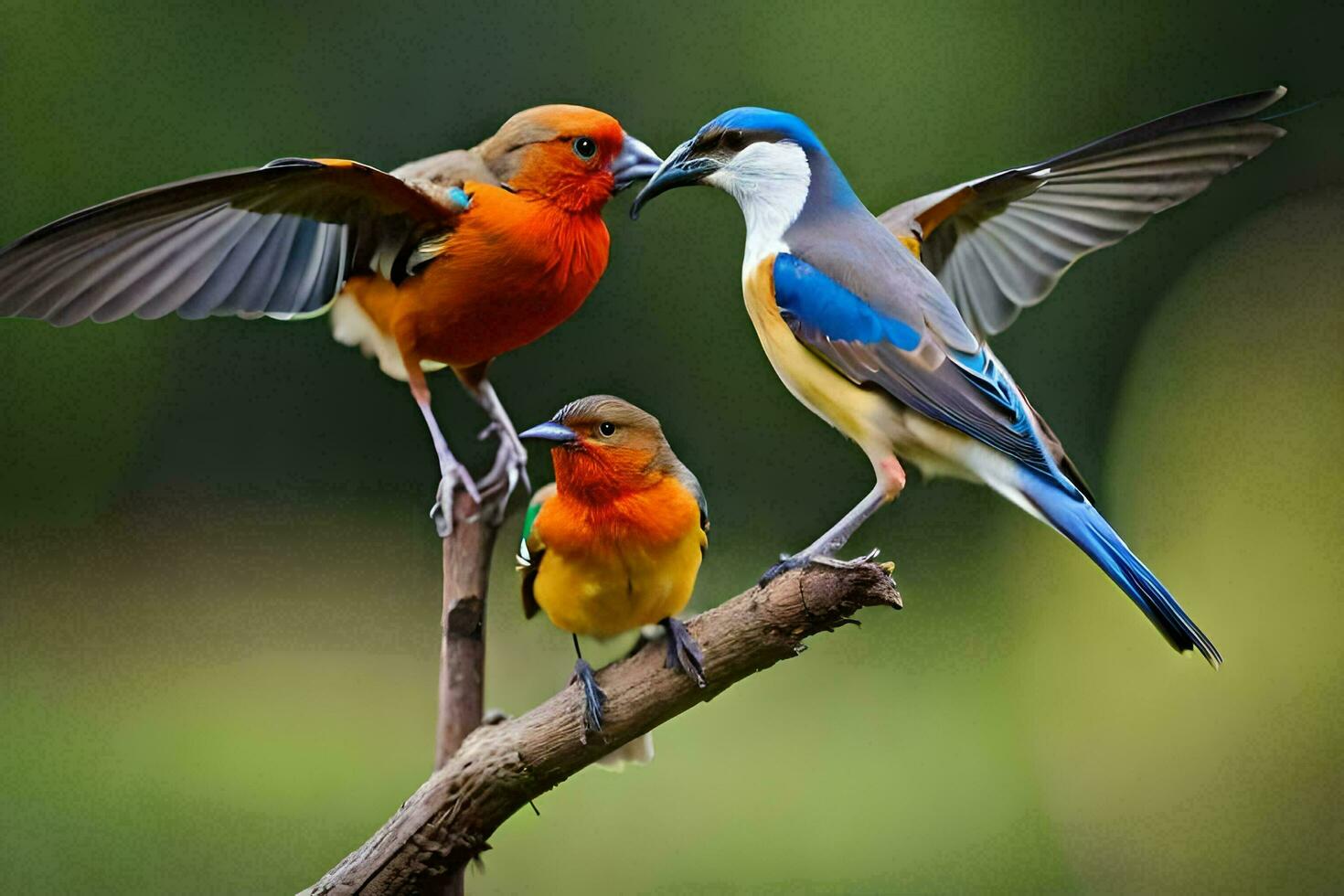 Tres vistoso aves sentado en un rama. generado por ai foto