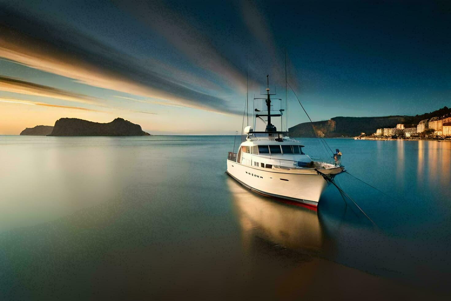 un barco en el Oceano a puesta de sol. generado por ai foto