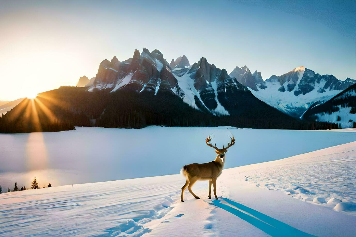 a deer stands in the snow near a lake. AI-Generated photo