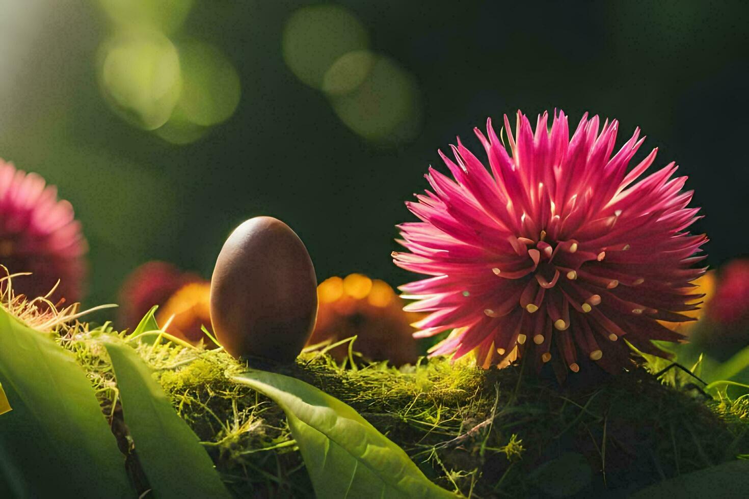 a brown egg sitting on top of a flower. AI-Generated photo