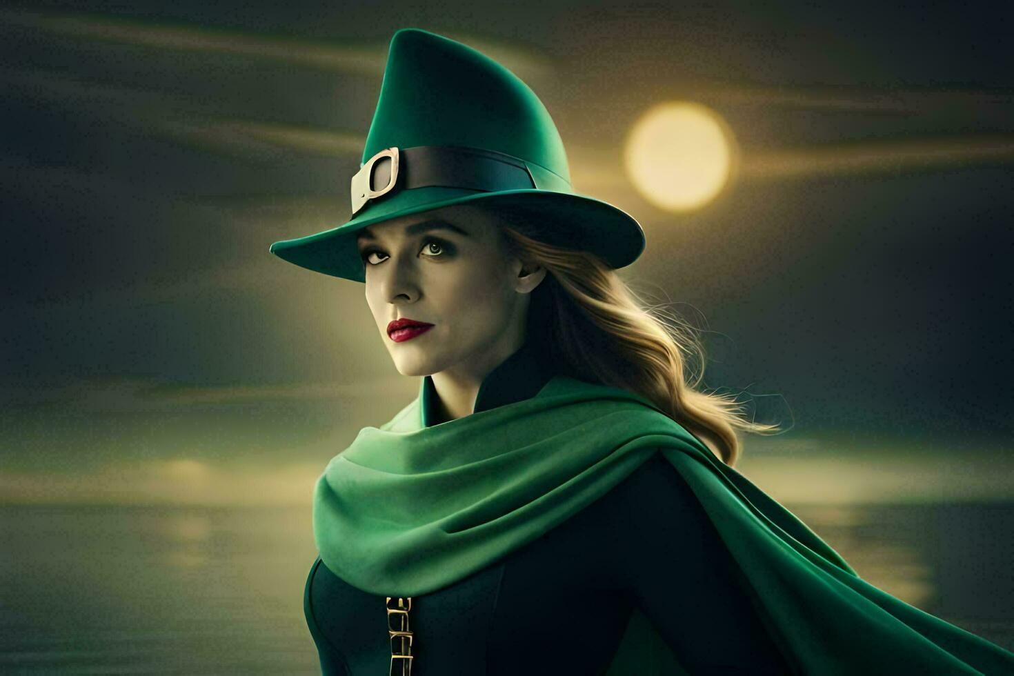 a woman in green hat and cape standing in front of the moon. AI-Generated photo