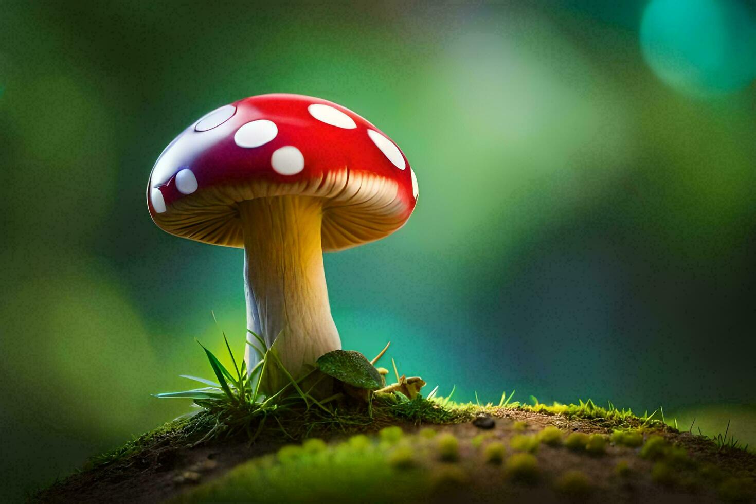 a red and white mushroom is sitting on top of a green grassy field. AI-Generated photo