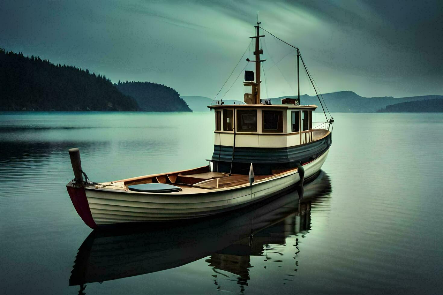 un barco se sienta en el agua en un calma lago. generado por ai foto