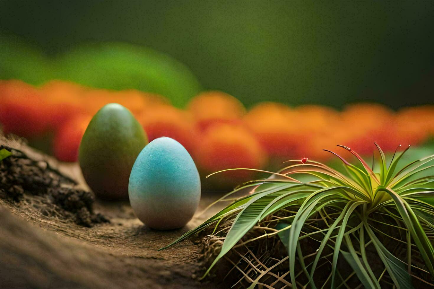 two eggs are sitting on a log with flowers. AI-Generated photo