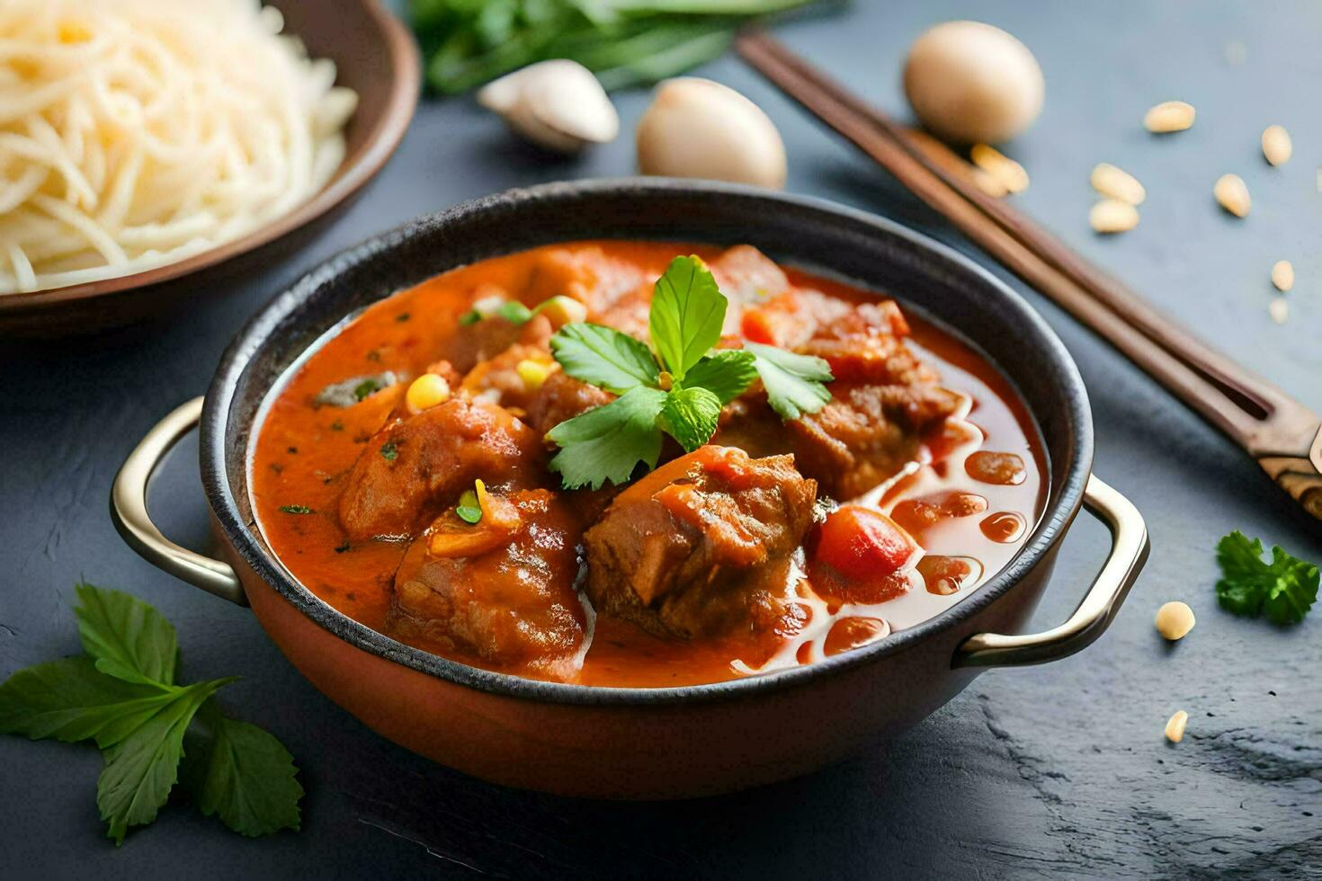 chicken curry in a bowl with noodles and spices. AI-Generated photo