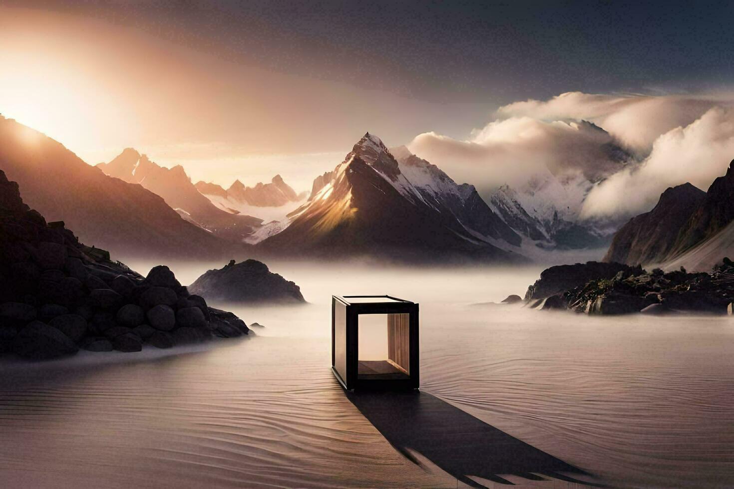 a box sitting in the middle of a lake with mountains in the background. AI-Generated photo
