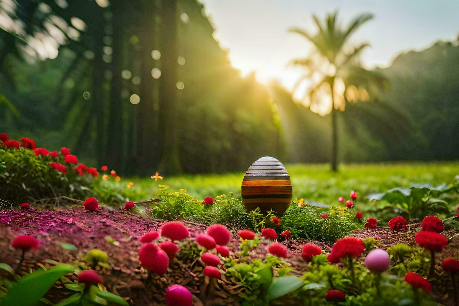 an easter egg is sitting in the grass surrounded by flowers. AI-Generated photo