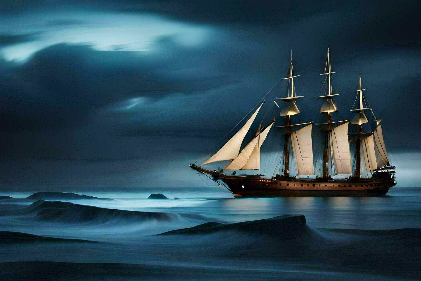 a sailing ship in the ocean at night. AI-Generated photo