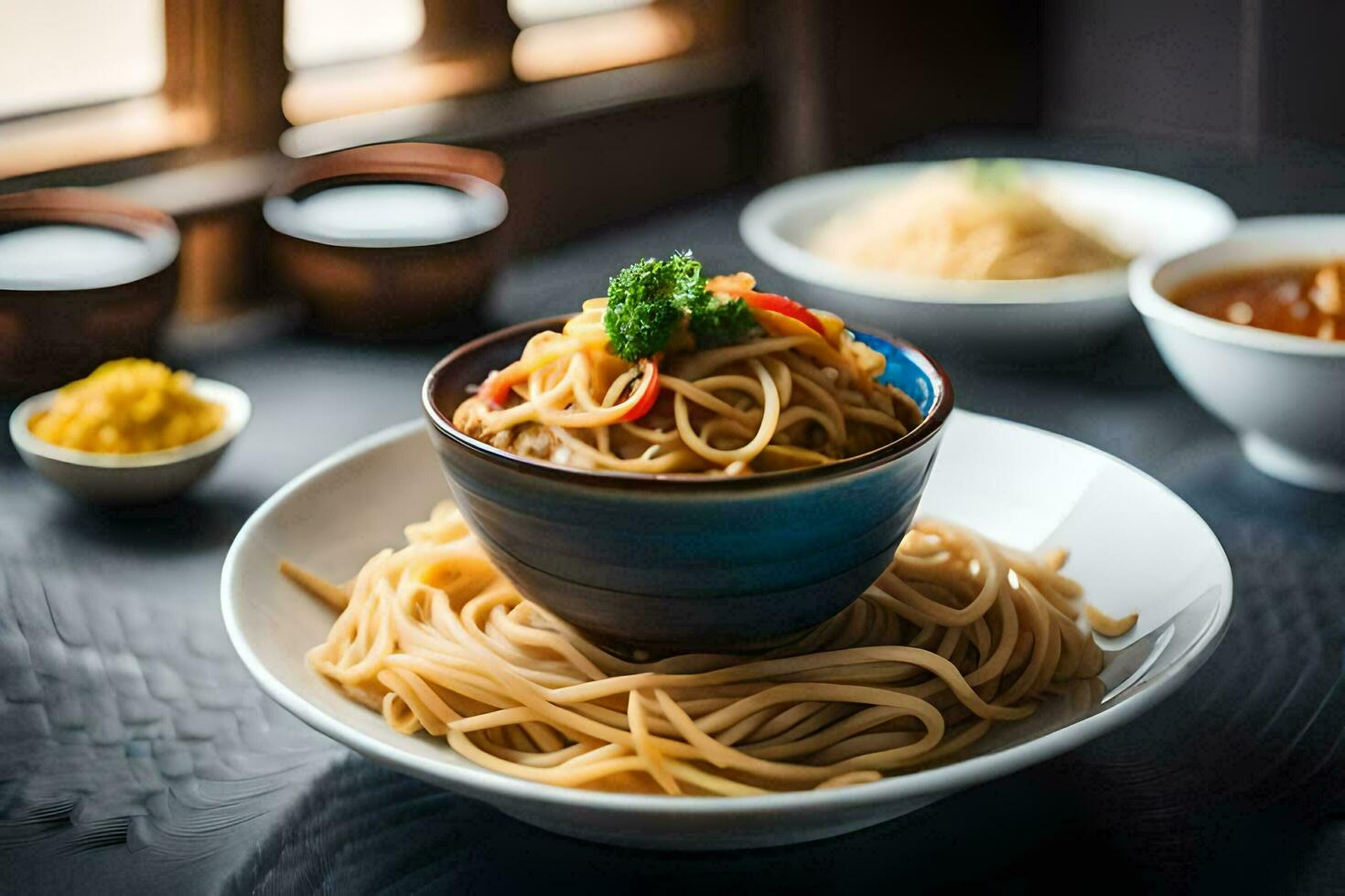a bowl of noodles with sauce and other dishes. AI-Generated photo